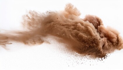 Fototapeta premium brown dust and sand smoke cloud on white background soil particles sandstorm effect rising smog and fog overlay texture for design and compositing