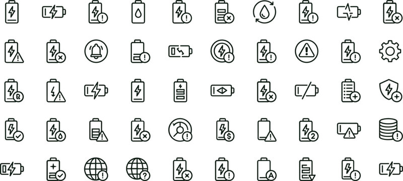 Battery charging status line icon set for energy monitoring dashboard ui power management and mobile device interface design