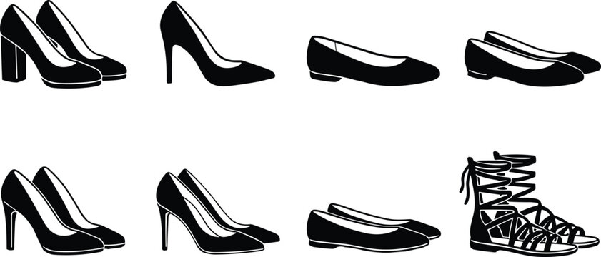 Vector Icon Set of Women's Formal and Casual Shoes, Collection of High Heels Stilettos Ballet Flats and Gladiator Sandals Isolated on White Background for Fashion Design