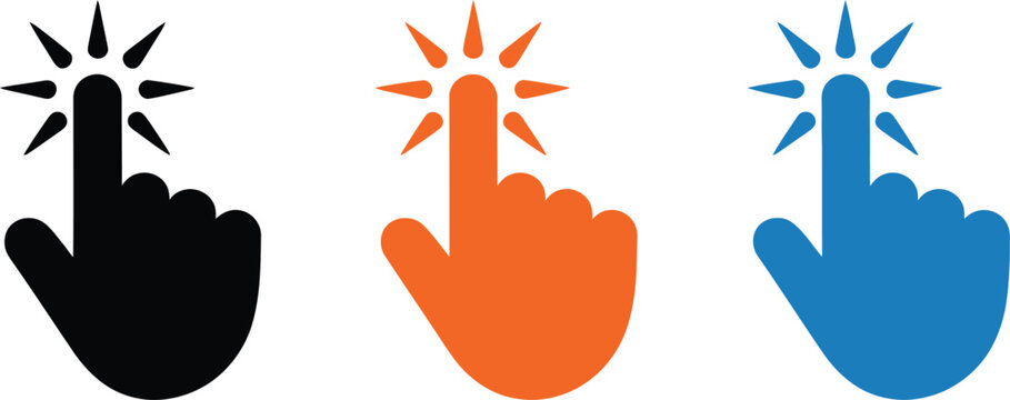 Finger clicking interaction icon set in black orange and blue colors showing touch gesture feedback.