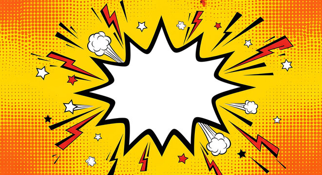 Blank comic book style starburst speech bubble with explosion effects and lightning bolts explosion starburst halftone background lightning illustration