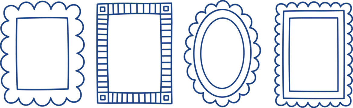 Set of four hand drawn blue outline empty frames featuring scalloped edges rectangular and oval shapes for decorative borders and photo placeholders vector illustration.