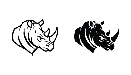 Aggressive rhino head mascot logo with sharp horn in outline and solid black silhouette style for sports team emblem or wilderness branding vector illustration © Bengal