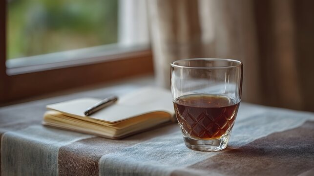 A serene still life composition featuring a warm beverage glass next to an open notebook and pen on a textured cloth