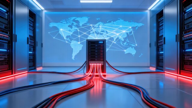 Server room with world map projection