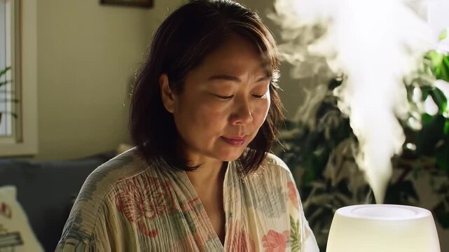 Peaceful Asian Woman In Floral Robe Relaxing With An Aroma Diffuser Emitting Cool Mist In A Sunlit Home
