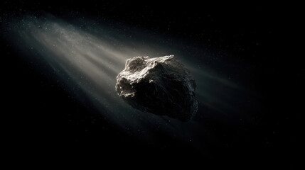 Fototapeta premium Asteroid floating through the dark cosmic expanse, illuminated by ethereal light rays, revealing its rocky surface and creating a sense of wonder in the vast universe