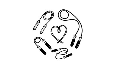 Jumping rope collection vector with ropeless fitness skipping ropes and heart shape string hand drawn flat set © BijoyChandra