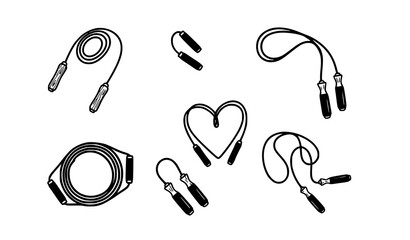 Jump rope fitness collection in grid layout with ropeless skipping equipment and heart shape rope flat vector set © BijoyChandra