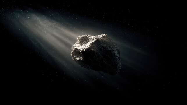 Asteroid floating through the dark cosmic expanse, illuminated by ethereal light rays, revealing its rocky surface and creating a sense of wonder in the vast universe
