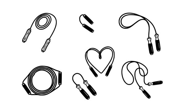 Jump rope fitness collection in grid layout with ropeless skipping equipment and heart shape rope flat vector set