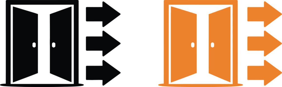 Double open doors icon with multiple arrows indicating wide exit and emergency evacuation route sign.