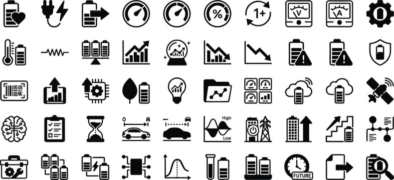 Battery energy and charging analytics glyph icon set for power monitoring dashboard ui electric management interface design
