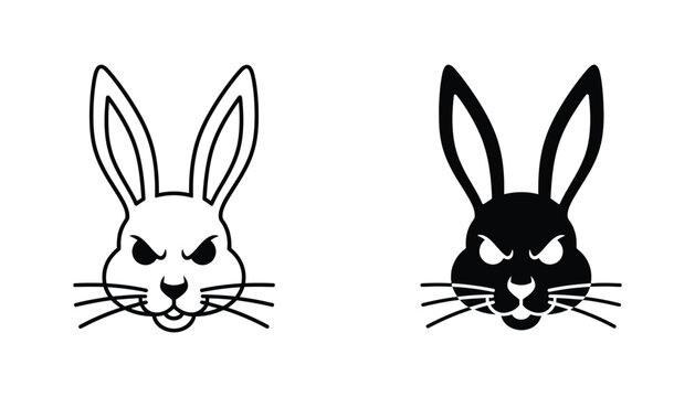 Angry rabbit face icon set featuring aggressive bunny head with sharp teeth in line art and solid black silhouette styles for gaming logos and character design