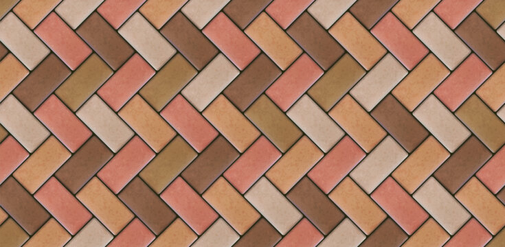 Realistic tiles cobblestone pavement wide seamless texture. Colored diagonal geometric mosaic street tiles pattern. Paver block of paving slab. Vector Illustration