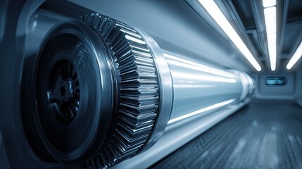 Fototapeta premium Large metallic gear is spinning rapidly, a key component in advanced machinery within a brightly lit, high tech industrial environment, symbolizing propulsion and innovation