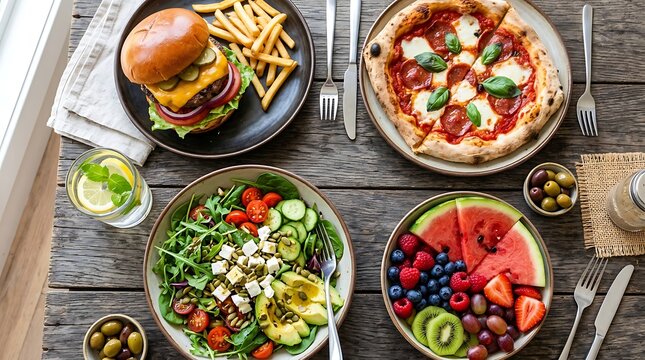 Top view of healthy lunch spread featuring burger pizza fresh salad and watermelon slices.