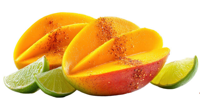 Sliced ripe mango cheeks with chili seasoning and fresh lime wedges isolated on transparent background