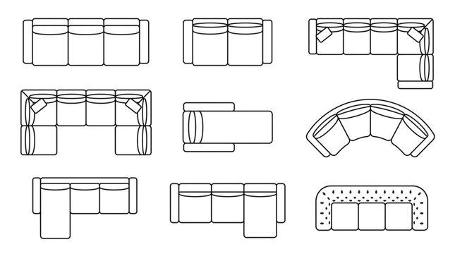 Collection of sofa designs and floor plan layouts.