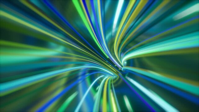 Flying through a tunnel in green glowing and reflective rays, 3D rendering, infinite loop