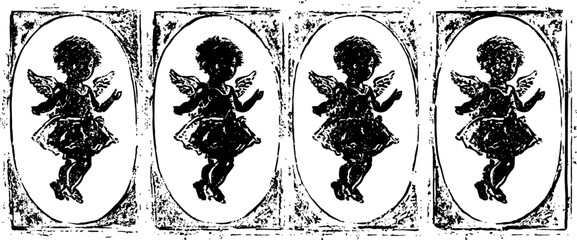 Naklejka premium Vintage silhouette angels with wings in oval frames, black and white decorative design elements