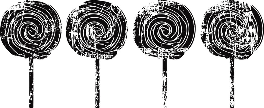Vintage grunge lollipop set four distressed swirl candy silhouettes on sticks with textured worn effect