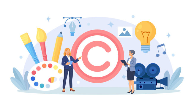 Intellectual Property Rights and Brand Patent Protection. Talented Authors Protecting Idea. Artwork Copyright Infringement and Legislation. Trademark Policies and Regulations. Vector Illustration