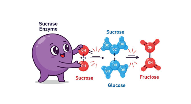 Sucrase enzyme breaking down sucrose into glucose and fructose, science illustration with copy space