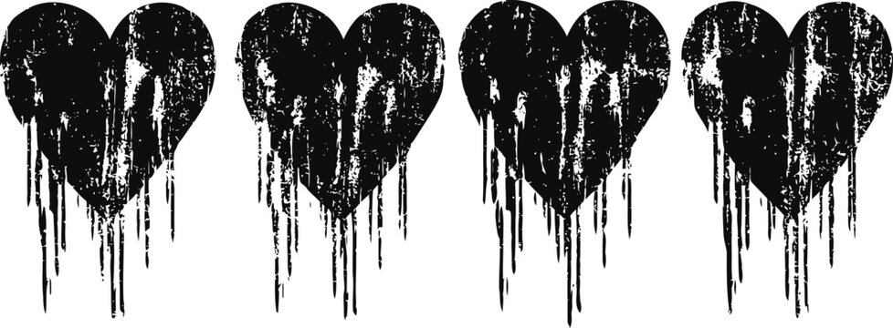 Grungy black hearts with dripping paint effect in a row, distressed texture, love symbol, vintage