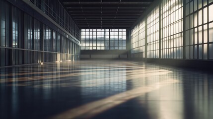 Fototapeta premium Large spacious industrial hall featuring many windows allowing natural sunlight to stream in, creating dramatic light and shadow patterns across the reflective floor