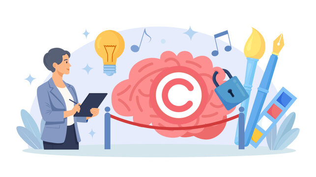 Intellectual Property Rights and Brand Patent Protection. Author Protecting Idea with Lawyer. Artwork Copyright Infringement and Legislation. Trademark Policies and Regulations. Vector Illustration