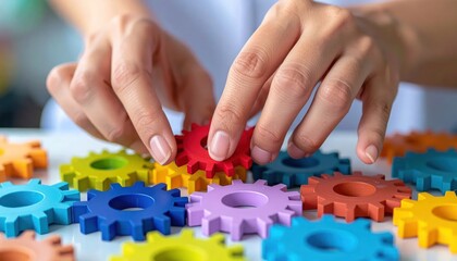 Fototapeta premium Child Hands Arranging Colorful Toy Gears on Play Table