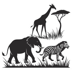 safari animals silhouettes with trees and grass on white background © bbbb