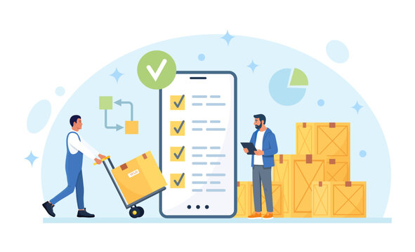 Logistics and Inventory Management. Warehouse Employee Using Tablet for Stock Control. Manager Maintaining Delivery Records. Inventory Control and Warehouse Products Remain Check. Vector Illustration