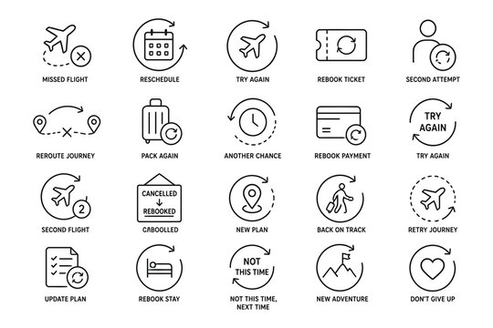 Flight delay and travel recovery process illustrated icons set