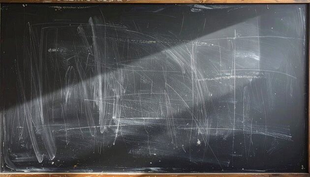 Old black chalkboard with chalk smudges and dusty marks inside wooden frame, worn classroom texture