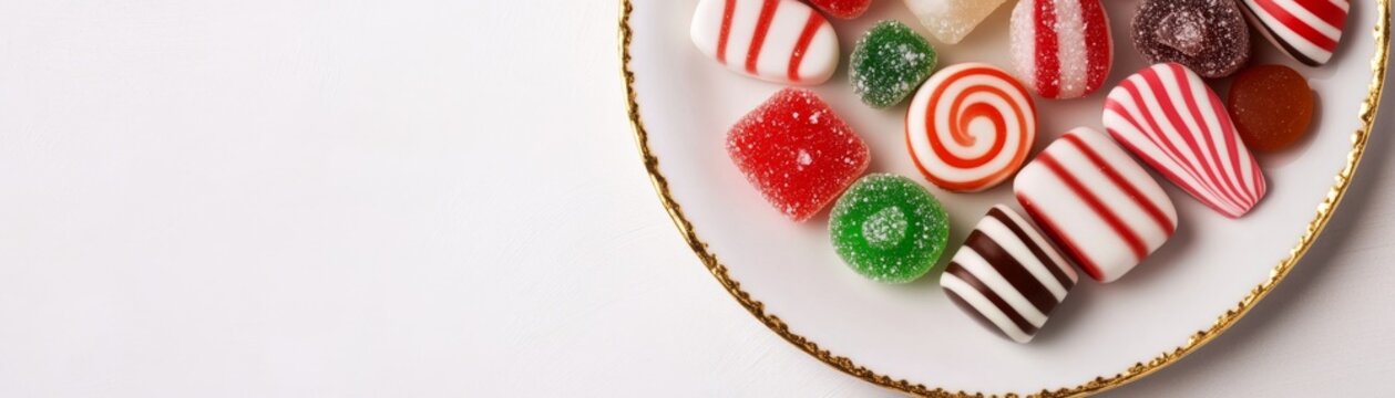 Top-down view Vibrant holiday candies and gumdrops on a gold-rimmed white plate, with clear copy space. Festive dessert variety, sweet indulgence. ,confectionery ,treats