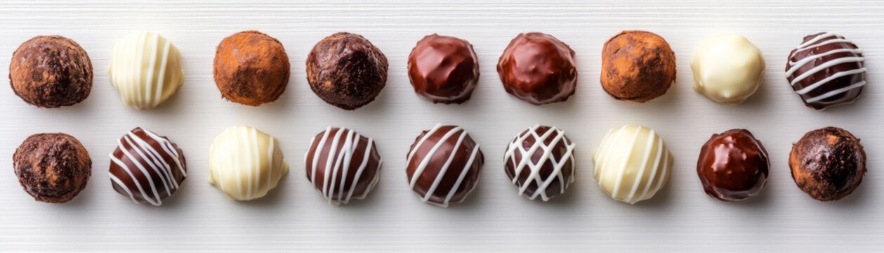 Two rows of elegant elongated chocolates dark, milk and white bonbons with smooth, striped, or dusted finishes on white wood. Gourmet assortment, indulgence. ,Chocolate ,Sweets