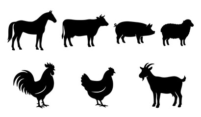 Fototapeta premium Farm animal silhouette bundle black vector livestock clipart set
