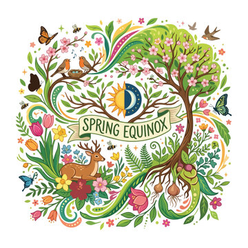 Spring Equinox Tree with Deer, Birds, Butterflies, and Flowers