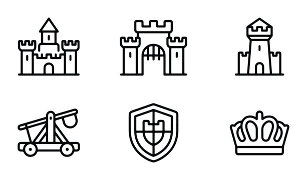 Medieval Castle Icons, Fortress Symbols, Royal Crown, Catapult Weapon, Shield Emblem, Vector Graphics Set for History and Fantasy Themes