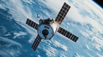Fototapeta premium Spacecraft module with solar panels orbiting the planet earth, providing a vital connection for global communication, scientific research, and surveillance needs