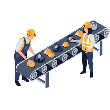 Miners working on a conveyor belt sorting coal and helmets.