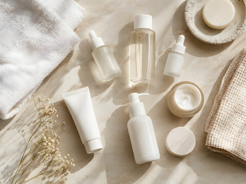 Minimal skincare flat lay with white cosmetic bottles towel soap and soft natural sunlight