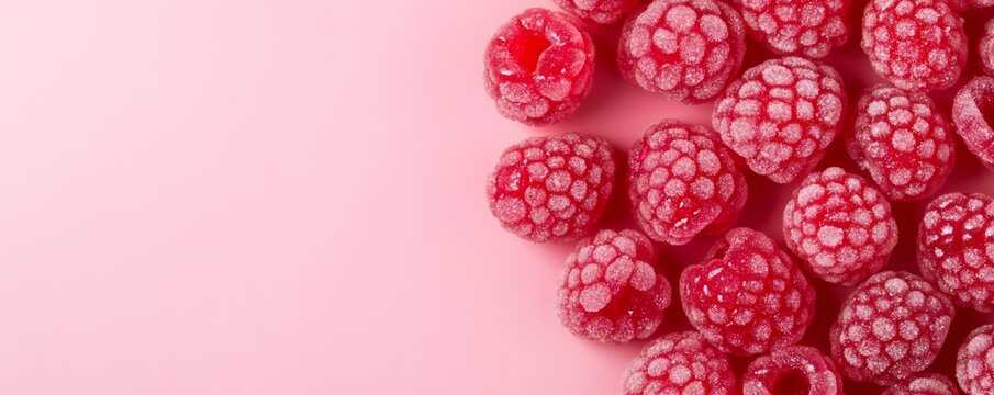 Vibrant frozen raspberries with frosted texture on a pastel pink background, a minimalist top-down composition emphasizing fresh berries. Cold, healthy