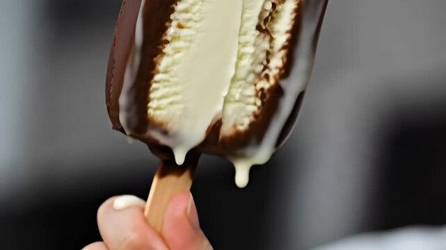 Hand holding chocolate ice cream bar on a stick with white condensed milk sauce dripping for sweet indulgence concept and summer dessert craving lifestyle