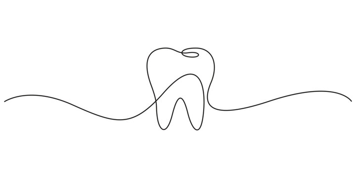 Continuous One Line Drawing of a Human Tooth, Minimalist Dental Health Symbol on Wavy Line Illustration