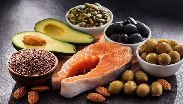 selection of healthy unsaturated fats omega 3 fish avocado olives nuts and seeds