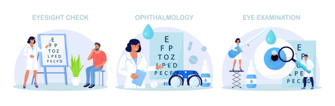 Ophthalmology Set. Oculist Check Up Eyesight and Choosing Glasses. Vision Correction, Optometry. Vector illustration