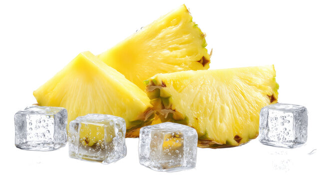 Fresh pineapple wedges with melting ice cubes and water droplets isolated on transparent background
